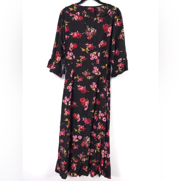 Lulus Midnight Magic Black Floral Print Ruffled Midi Dress Size MEDIUM - Picture 6 of 16